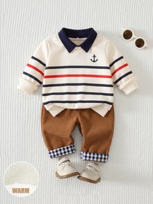 SHEIN Baby Boy Style Faux 2-Piece Set, Striped Half-Zip Pullover Autumn Top With Casual Patchwork Corduroy Thick Straight-Leg Pants, Suitable For Winter - Multicolor - View 7