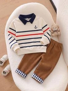 SHEIN Baby Boy Style Faux 2-Piece Set, Striped Half-Zip Pullover Autumn Top With Casual Patchwork Corduroy Thick Straight-Leg Pants, Suitable For Winter - Multicolor - View 1