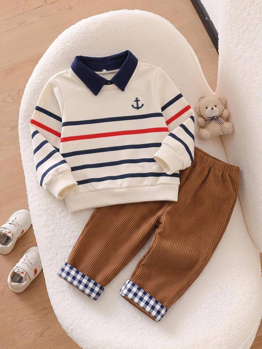 SHEIN Baby Boy Style Faux 2-Piece Set, Striped Half-Zip Pullover Autumn Top With Casual Patchwork Corduroy Thick Straight-Leg Pants, Suitable For Winter - Multicolor - View 1