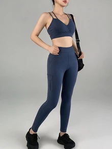 DAZY Setelan Olahraga Wanita: Tank Top Pendek dan Legging Warna Polos - Biru - View 5