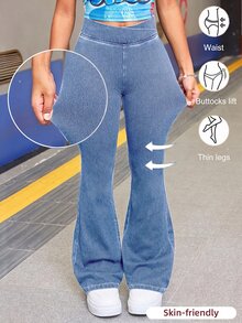 SHEIN Teen Girl Asymmetric Waist Casual Everyday Elastic Denim Flare Pants - Light Wash - View 1