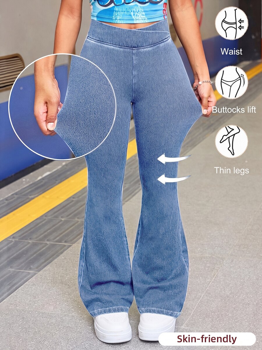SHEIN Teen Girl Asymmetric Waist Casual Everyday Elastic Denim Flare Pants - Light Wash - View 1