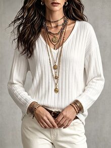 Glimmora Áo thun nữ cổ chữ V gân rộng nỉ lông màu trắng cơ bản phong cách retro casual thời trang - trắng - Xem 3