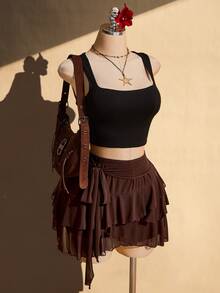 SHEIN ICON Plus Size Retro Sexy Casual Millennial Style Y2K Bohemian Multi-Layer Ruffled Side-Strap Chocolate Brown Mesh Skirt Date Night Autumn Fall - Brown - View 8