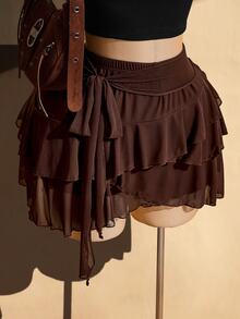 SHEIN ICON Plus Size Retro Sexy Casual Millennial Style Y2K Bohemian Multi-Layer Ruffled Side-Strap Chocolate Brown Mesh Skirt Date Night Autumn Fall - Brown - View 7