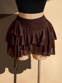 SHEIN ICON Plus Size Retro Sexy Casual Millennial Style Y2K Bohemian Multi-Layer Ruffled Side-Strap Chocolate Brown Mesh Skirt Date Night Autumn Fall - Brown - View 3