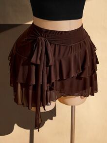 SHEIN ICON Plus Size Retro Sexy Casual Millennial Style Y2K Bohemian Multi-Layer Ruffled Side-Strap Chocolate Brown Mesh Skirt Date Night Autumn Fall - Brown - View 4