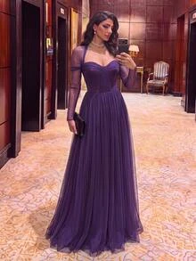 Aureia Deep Purple Tulle A-Line Evening Gown With Sheer Long Sleeves And Sweetheart Neck For Prom, Gala, Wedding Guest And Formal Party - Dark Purple - View 1