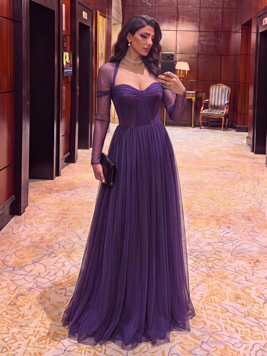 Aureia Deep Purple Tulle A-Line Evening Gown With Sheer Long Sleeves And Sweetheart Neck For Prom, Gala, Wedding Guest And Formal Party - Dark Purple - View 1