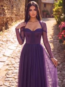 Aureia Deep Purple Tulle A-Line Evening Gown With Sheer Long Sleeves And Sweetheart Neck For Prom, Gala, Wedding Guest And Formal Party - Dark Purple - View 9