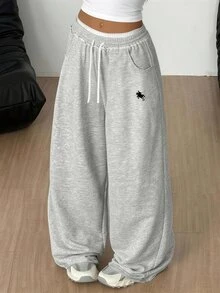SHEIN 少女寬鬆休閒舒適中腰對比色抽繩運動長褲 冬季 - 淺灰色 - 查看 3