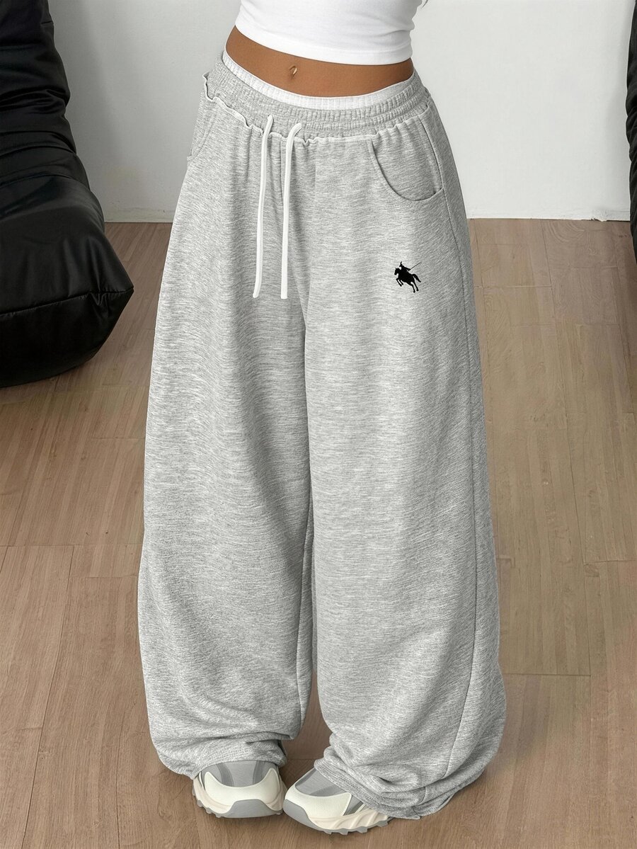 SHEIN 少女寬鬆休閒舒適中腰對比色抽繩運動長褲 冬季 - 淺灰色 - 查看 1