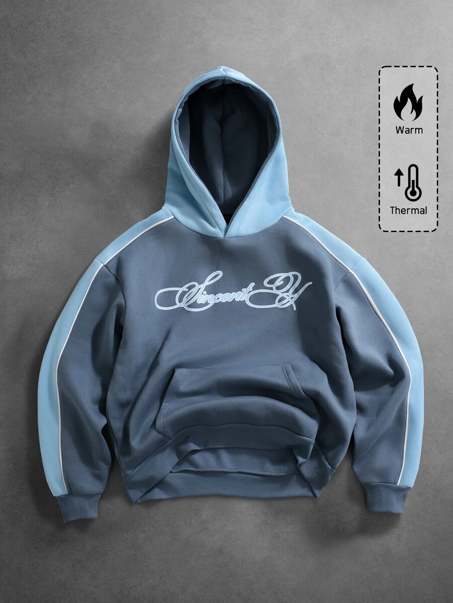 ROMWE MEN Street Life Men's Letter Graphic Casual Daily Wear Hoodie Sweatshirt - Blue - View 1