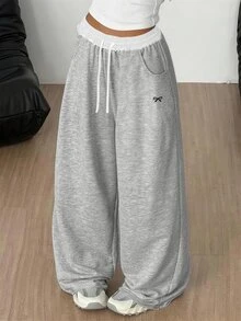 SHEIN 少女宽松休闲舒适中腰蝴蝶结印花撞色抽绳运动裤，浅灰色 - 淺灰色 - 查看 1
