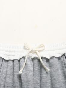 SHEIN 少女宽松休闲舒适中腰蝴蝶结印花撞色抽绳运动裤，浅灰色 - 淺灰色 - 查看 4