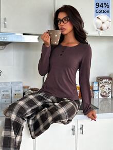 ZzzCrew Bộ đồ ngủ nữ len dệt jacquard họa tiết kẻ caro, quần dài tay dài phong cách thường ngày, chất liệu cotton pha thoải mái - Cà phê nâu - Xem 1