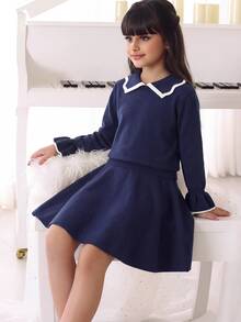 SHEIN 小女孩秋季毛衣套裝 基礎優雅娃娃風 休閒日常穿搭 母女套裝 Mommy And Me - 藏蓝色 - 查看 2
