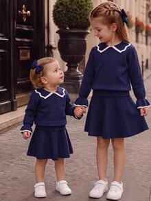 SHEIN 小女孩秋季毛衣套裝 基礎優雅娃娃風 休閒日常穿搭 母女套裝 Mommy And Me - 藏蓝色 - 查看 5