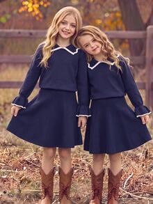 SHEIN 小女孩秋季毛衣套裝 基礎優雅娃娃風 休閒日常穿搭 母女套裝 Mommy And Me - 藏蓝色 - 查看 4