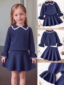 SHEIN 小女孩秋季毛衣套裝 基礎優雅娃娃風 休閒日常穿搭 母女套裝 Mommy And Me - 藏蓝色 - 查看 6