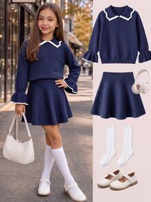 SHEIN 小女孩秋季毛衣套裝 基礎優雅娃娃風 休閒日常穿搭 母女套裝 Mommy And Me - 藏蓝色 - 查看 9