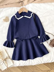 SHEIN 小女孩秋季毛衣套裝 基礎優雅娃娃風 休閒日常穿搭 母女套裝 Mommy And Me - 藏蓝色 - 查看 12