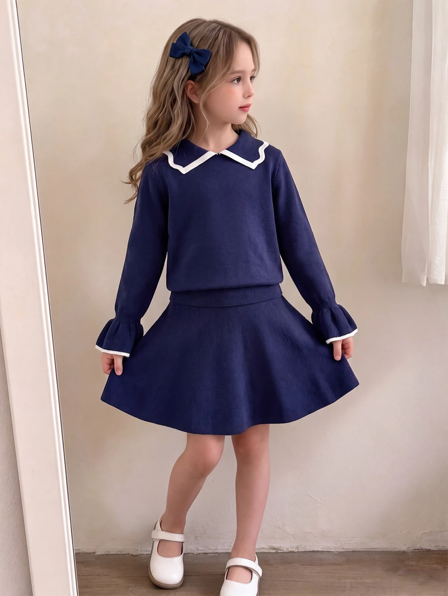 SHEIN 小女孩秋季毛衣套裝 基礎優雅娃娃風 休閒日常穿搭 母女套裝 Mommy And Me - 藏蓝色 - 查看 1