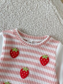 SHEIN 2pcs Toddler Girls Top Pants Set Sweet Pink White Strawberry Ruffle Striped Long Flutter Sleeve Round Neck Regular Holiday Fall - Baby Pink - View 7