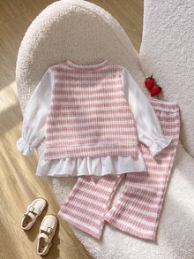 SHEIN 2pcs Toddler Girls Top Pants Set Sweet Pink White Strawberry Ruffle Striped Long Flutter Sleeve Round Neck Regular Holiday Fall - Baby Pink - View 2