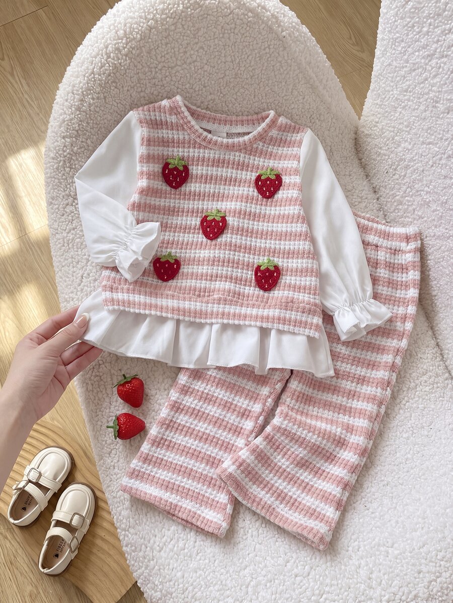 SHEIN 2pcs Toddler Girls Top Pants Set Sweet Pink White Strawberry Ruffle Striped Long Flutter Sleeve Round Neck Regular Holiday Fall - Baby Pink - View 1