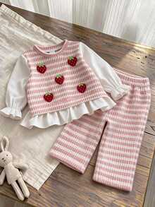 SHEIN 2pcs Toddler Girls Top Pants Set Sweet Pink White Strawberry Ruffle Striped Long Flutter Sleeve Round Neck Regular Holiday Fall - Baby Pink - View 9
