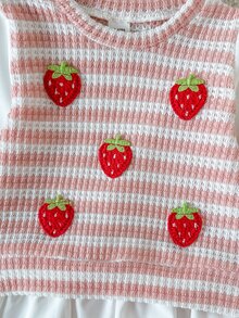 SHEIN 2pcs Toddler Girls Top Pants Set Sweet Pink White Strawberry Ruffle Striped Long Flutter Sleeve Round Neck Regular Holiday Fall - Baby Pink - View 8