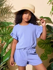 SHEIN 2pcs/Set Tween Girl Short Sleeve Top & Elastic Waist Shorts Casual Holiday Outfit - Dusty Blue - View 3