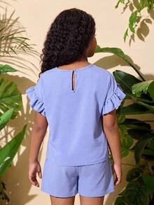SHEIN 2pcs/Set Tween Girl Short Sleeve Top & Elastic Waist Shorts Casual Holiday Outfit - Dusty Blue - View 2