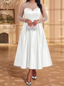 Fleurora Plus Size Women's Mesh Patchwork Pleated Casual Romantic Elegant Party Wedding Formal Confirmation Dress White Fall - White - View 6