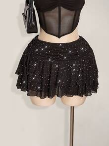 SHEIN ICON Plus Size Mini Layered Ruched Tie Skirt With High Slit And Glitter Mesh Details Sparkle Skirt Star Skirt,Back To School Fall - Black - View 3