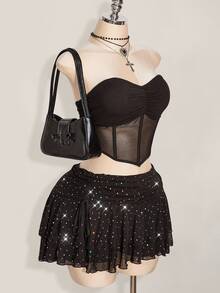 SHEIN ICON Plus Size Mini Layered Ruched Tie Skirt With High Slit And Glitter Mesh Details Sparkle Skirt Star Skirt,Back To School Fall - Black - View 5