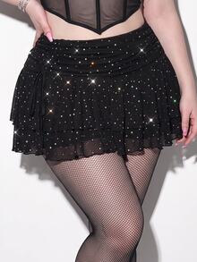 SHEIN ICON Plus Size Mini Layered Ruched Tie Skirt With High Slit And Glitter Mesh Details Sparkle Skirt Star Skirt,Back To School Fall - Black - View 1