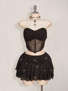 SHEIN ICON Plus Size Mini Layered Ruched Tie Skirt With High Slit And Glitter Mesh Details Sparkle Skirt Star Skirt,Back To School Fall - Black - View 6