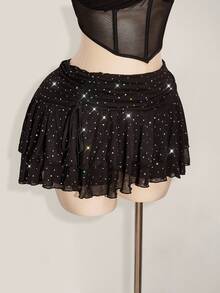 SHEIN ICON Plus Size Mini Layered Ruched Tie Skirt With High Slit And Glitter Mesh Details Sparkle Skirt Star Skirt,Back To School Fall - Black - View 2