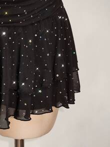 SHEIN ICON Plus Size Mini Layered Ruched Tie Skirt With High Slit And Glitter Mesh Details Sparkle Skirt Star Skirt,Back To School Fall - Black - View 8
