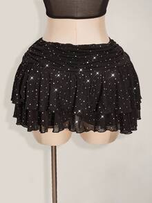 SHEIN ICON Plus Size Mini Layered Ruched Tie Skirt With High Slit And Glitter Mesh Details Sparkle Skirt Star Skirt,Back To School Fall - Black - View 9