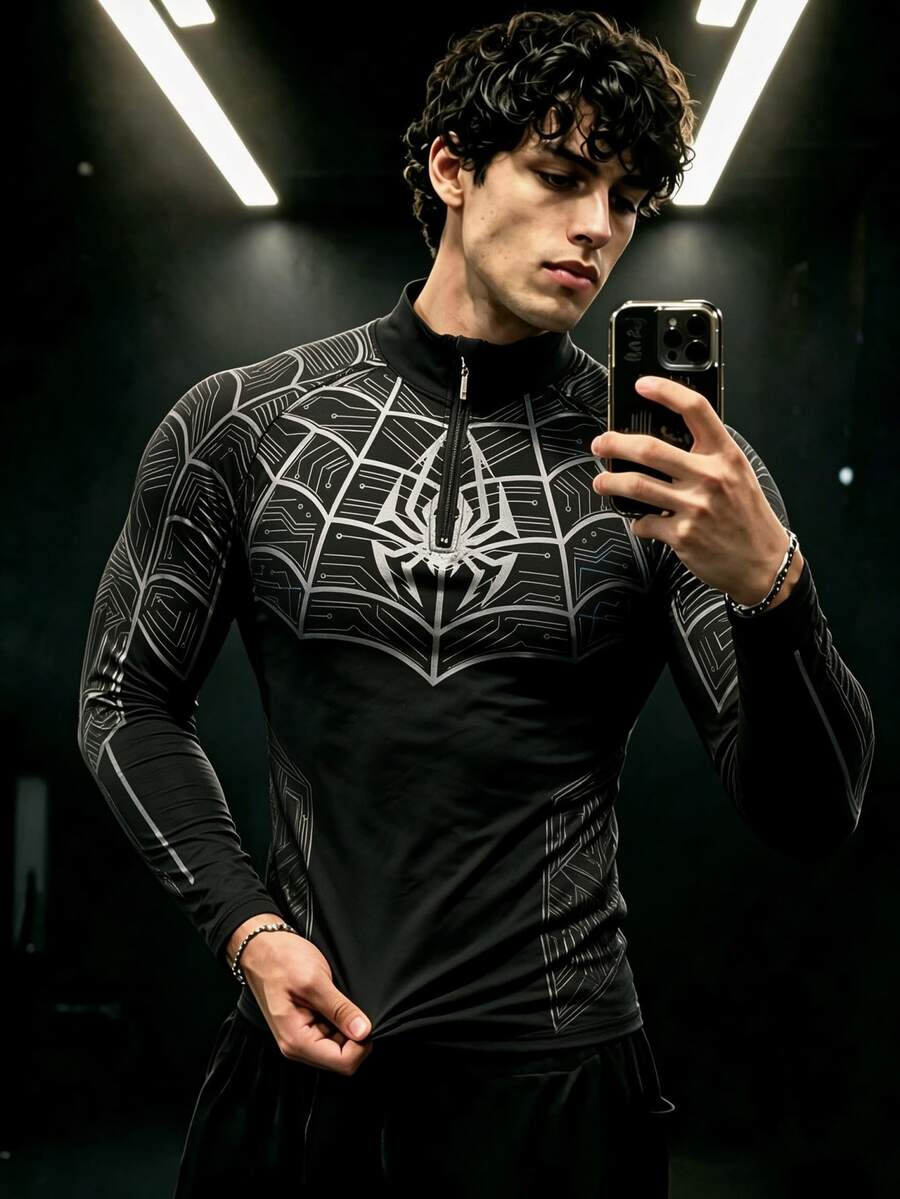 Voltform Men's Fashion Spider Pattern Slim Fit Long Sleeve Sports T-Shirt, Gym - Black - View 1