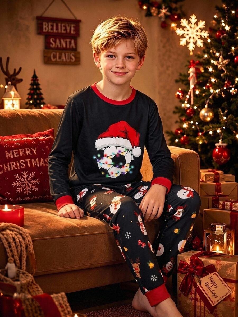 SHEIN Tween Boy Autumn/Winter Long Kids Sleeve Long Pants Christmas Pattern Printed Snug Fit Loungewear Pajama Set, Suitable For Christmas Autumn/Winter - Multicolor - View 1