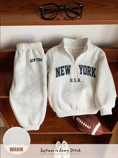 Cozy Pixies 2pcs Kids Baby Boy Casual Daily Comfortable Retro Letter Print Sweatshirt Set, 2 Pieces Outfit Suitable For Autumn/Winter, Street Retro Style, Easy And Comfortable, Children's Autumn Layering, Y2K, Sports Set, Outings, Street Photography, Chill