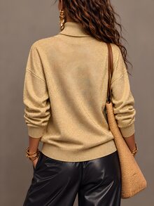 SHEIN Women's Autumn/Winter Solid Color Gold Thread Knit Sweater, High Neck Loose Fit Vintage Style Pullover - Gold - View 2