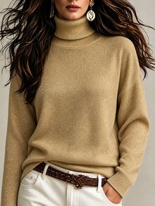 SHEIN Women's Autumn/Winter Solid Color Gold Thread Knit Sweater, High Neck Loose Fit Vintage Style Pullover - Gold - View 4