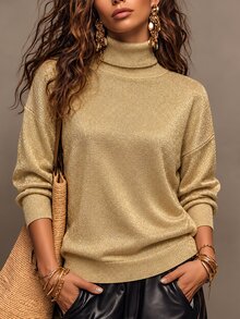 SHEIN Women's Autumn/Winter Solid Color Gold Thread Knit Sweater, High Neck Loose Fit Vintage Style Pullover - Gold - View 6