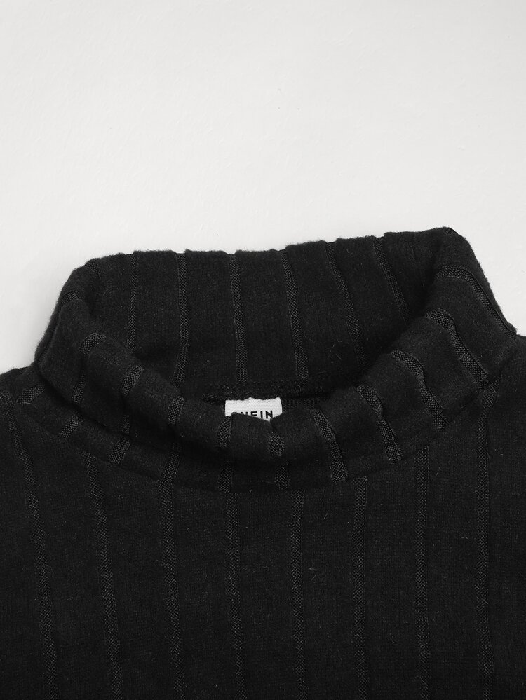 SHEIN Tween Girls Black Knit Ribbed Turtleneck Loose Cinched Waist Ruched Snug Fit Mini Dress, Casual Streetwear Elegant Vintage Versatile Inner Layer Long Sleeve Dress, Suitable For Christmas Party, Winter Clothes - Black - View 13