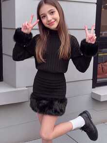 SHEIN 青少年女孩黑色針織羅紋高領寬鬆收腰抓褶修身迷你洋裝，休閒街頭風優雅復古百搭內搭長袖洋裝，適合聖誕派對、冬季穿著 - 黑色 - 查看 8